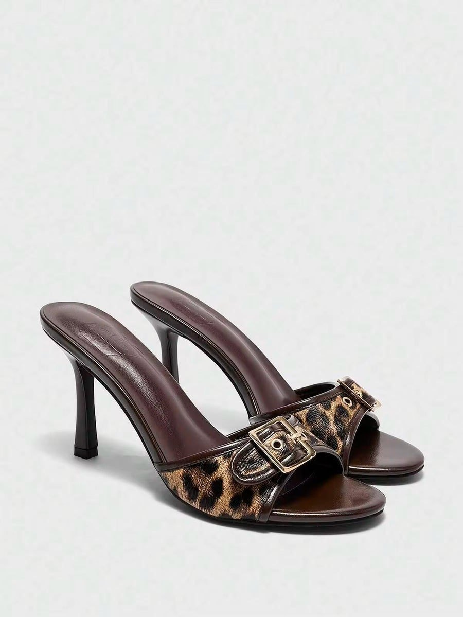 CUCCOO BIZCHIC Women's Brown Leopard Print & Gold Buckle Decor Retro Round Toe Comfortable High Heel Mule Sandals For Christmas Spring Shoes Summer Shoes