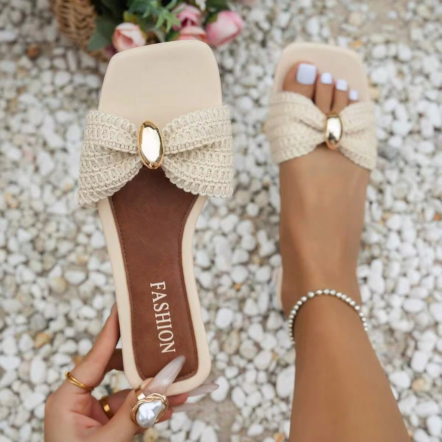 DAZY Women's Summer New Fashion Versatile Square Toe Flat Sandals, Beach Slippers, Comfortable Outdoor Beige Shoes